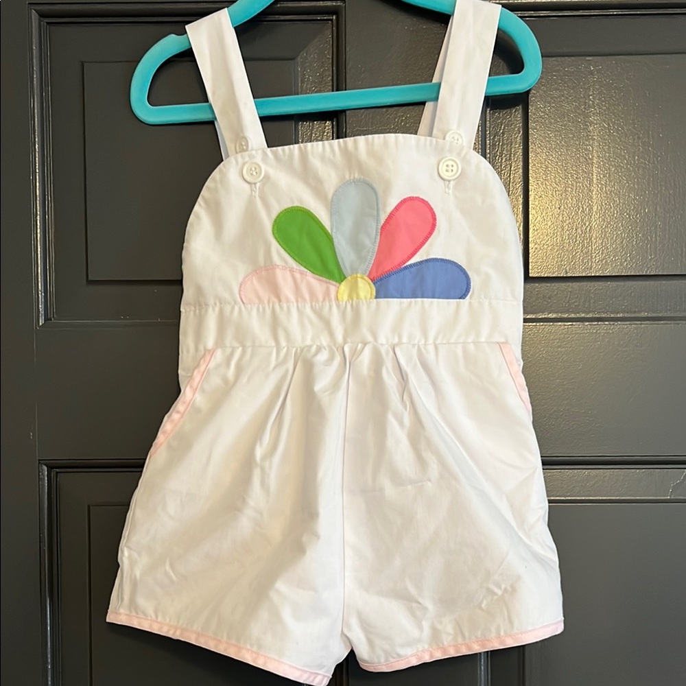 The Beaufort Bonnet Company White and Green Overalls with Colorful Appliqué